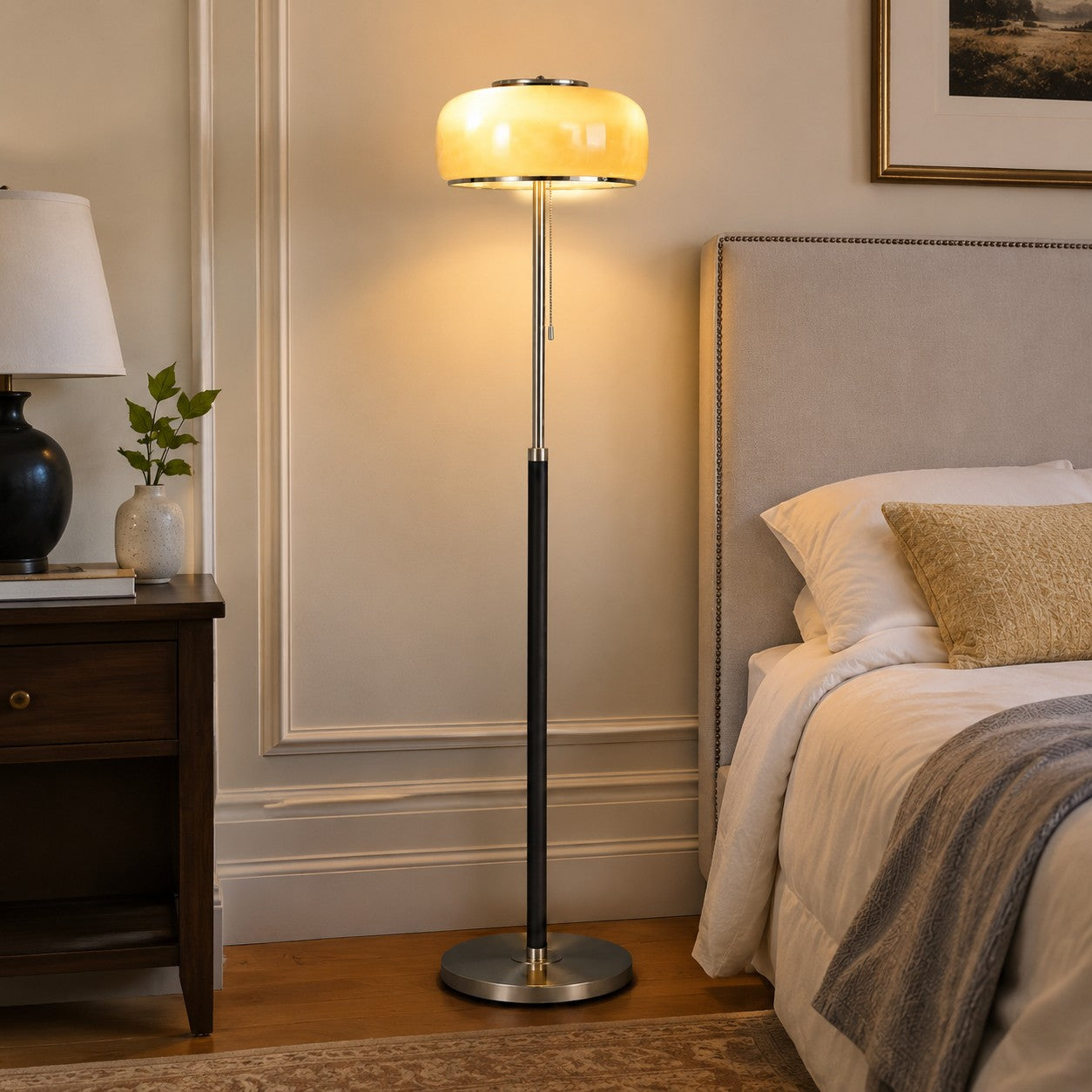 Bauhaus Glass Floor Lamp with Wood and Chrome Frame