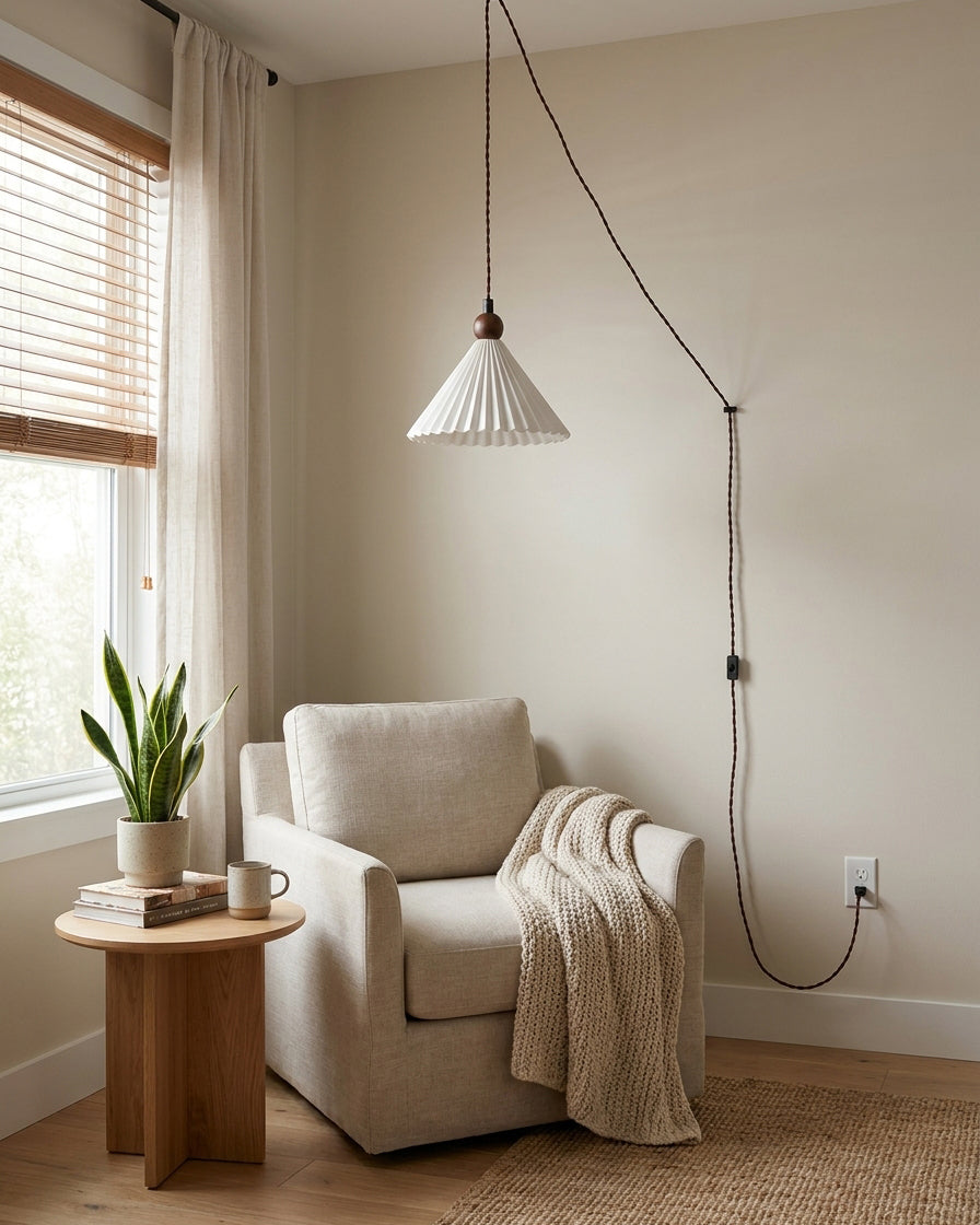 Gefaltete Keramik-Pendelleuchte mit Stecker und Zugkabel