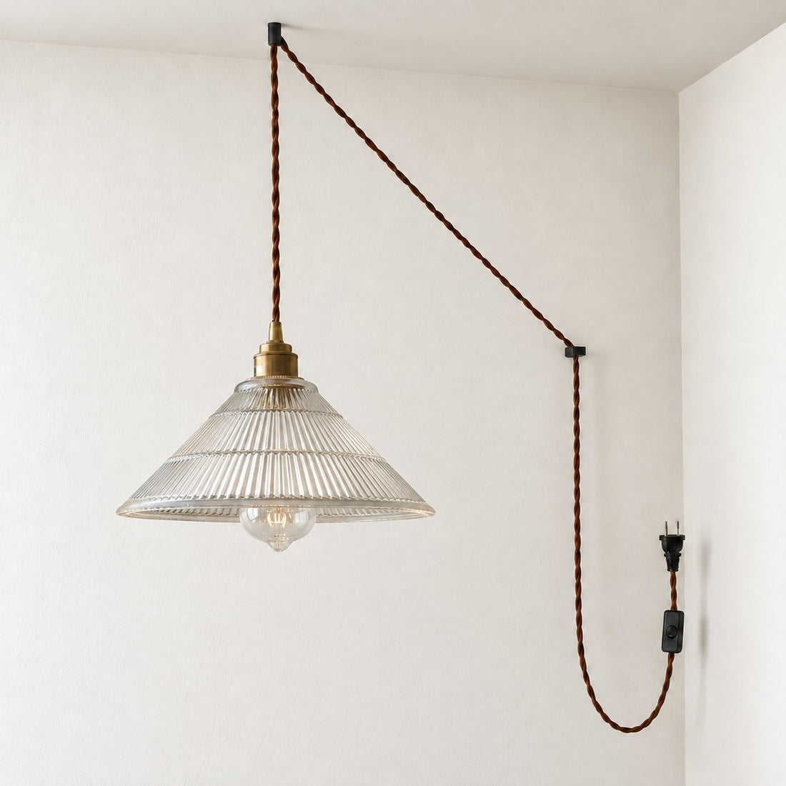 Vintage Ribbed Glass Shade Plug‑in Swag Pendant Light - Hanging Lamp for Dining and Living Room