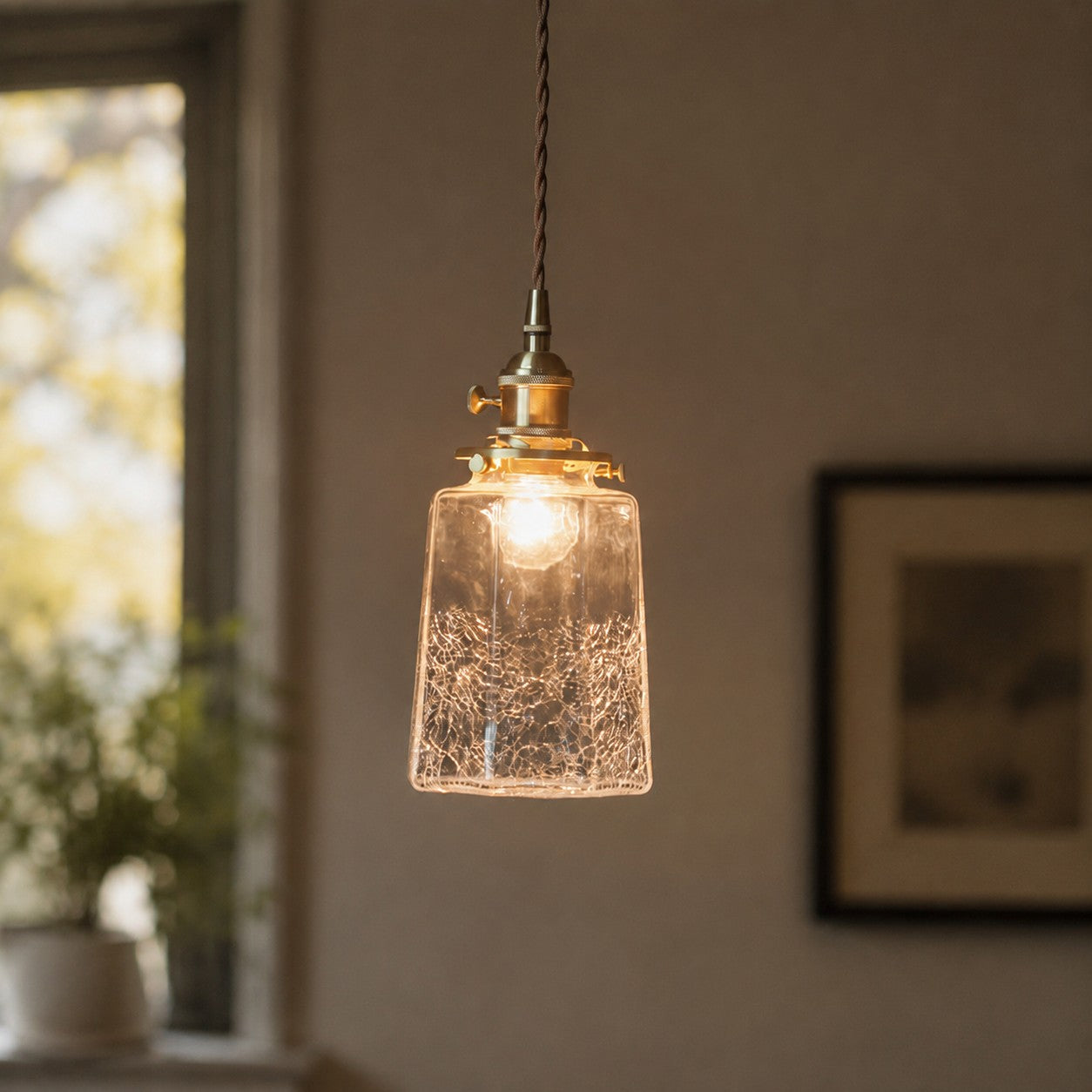 Japanische Vintage-Pendelleuchte aus Craquelé-Glas