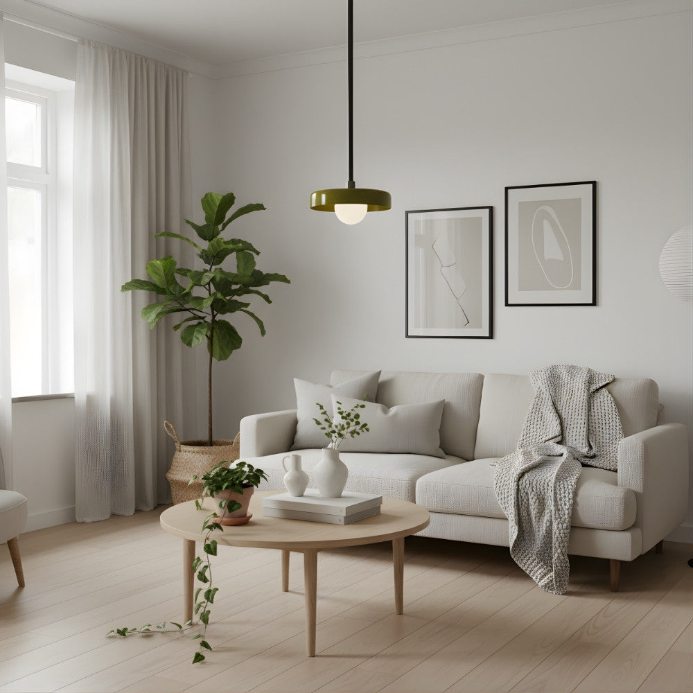 Kalo Modern Pendant Light - Sleek Metal Rod and Disc Orb Glass Design