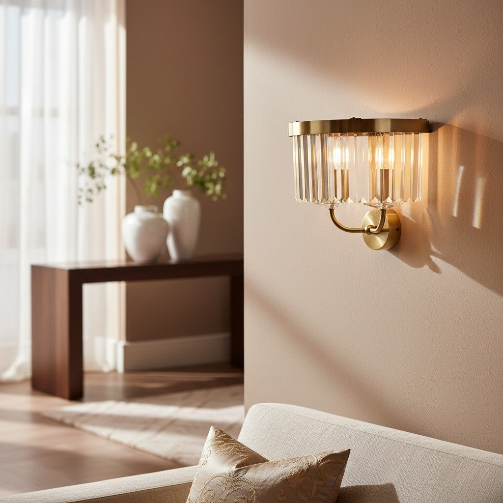 Beveline Faceted Clear Cut Glass Wall Light - Classic metal sconce for hallway and living room