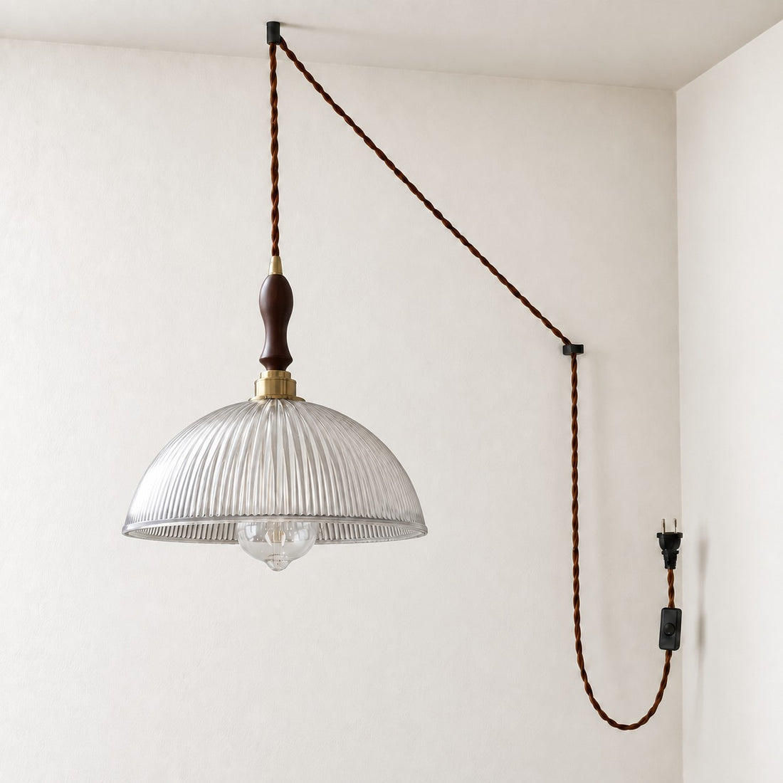 Vintage Ribbed Glass Shade Plug‑in Swag Pendant Light - Hanging Lamp for Dining and Living Room