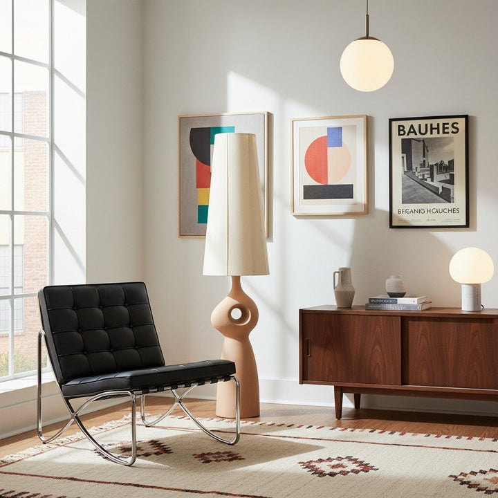 Pryssa Sculptural Ceramic Floor Lamp - Ivory Linen Shade for Living Room Accent