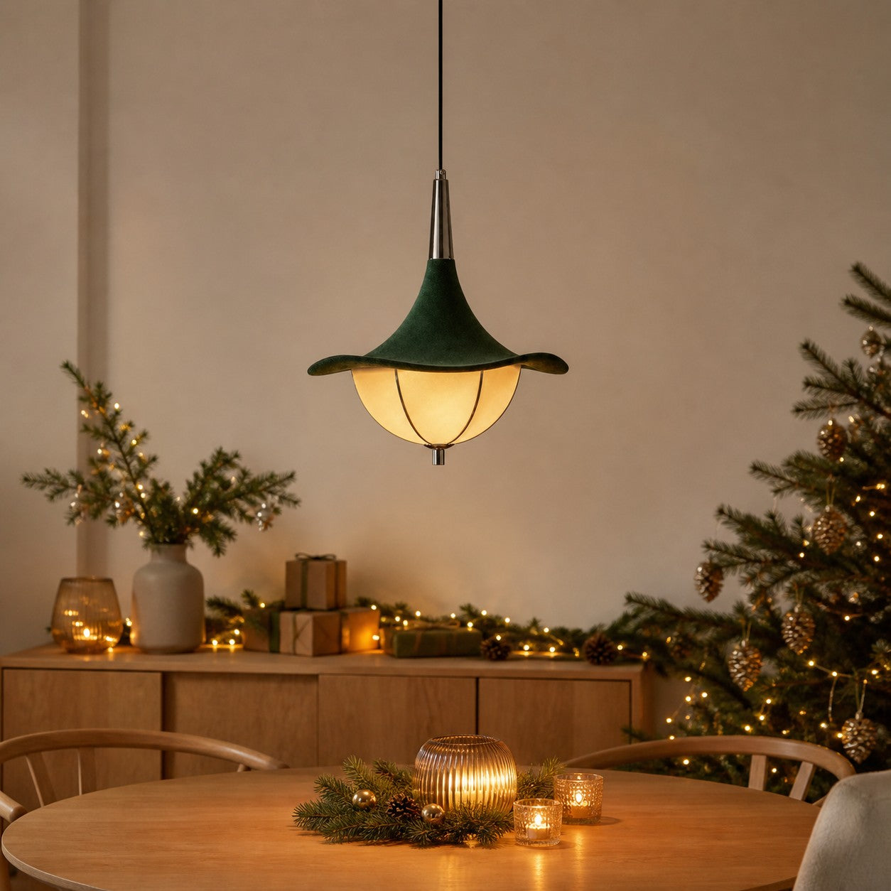 Green Fabric Pendant Lamp for Dining Room