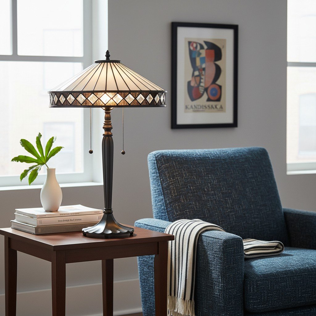 TF Fargo Geometric Tiffany Style Lamp — Amber and Cream Glass Accent Lighting for Bedroom or Study