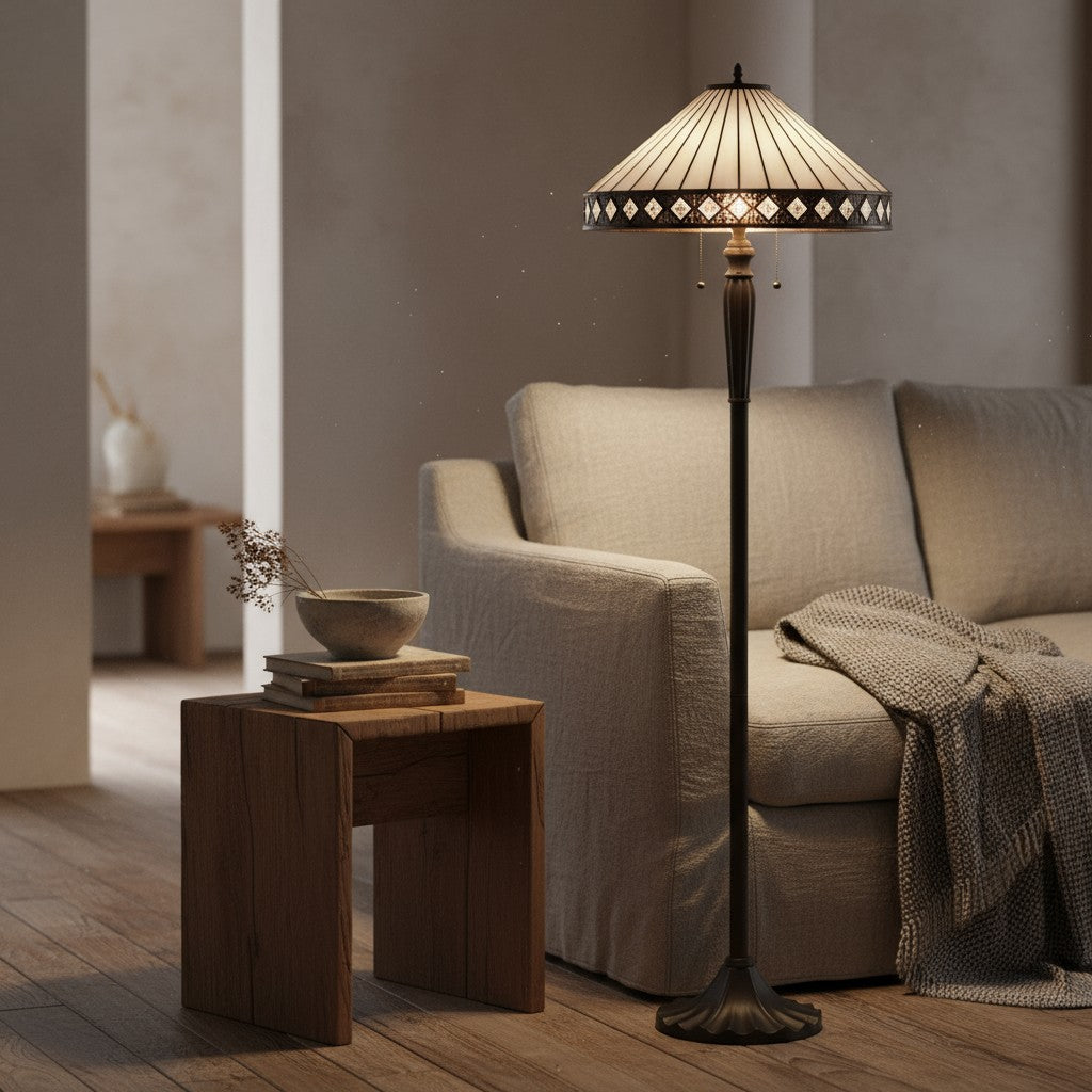 TF Fargo Geometric Tiffany Style Lamp — Amber and Cream Glass Accent Lighting for Bedroom or Study