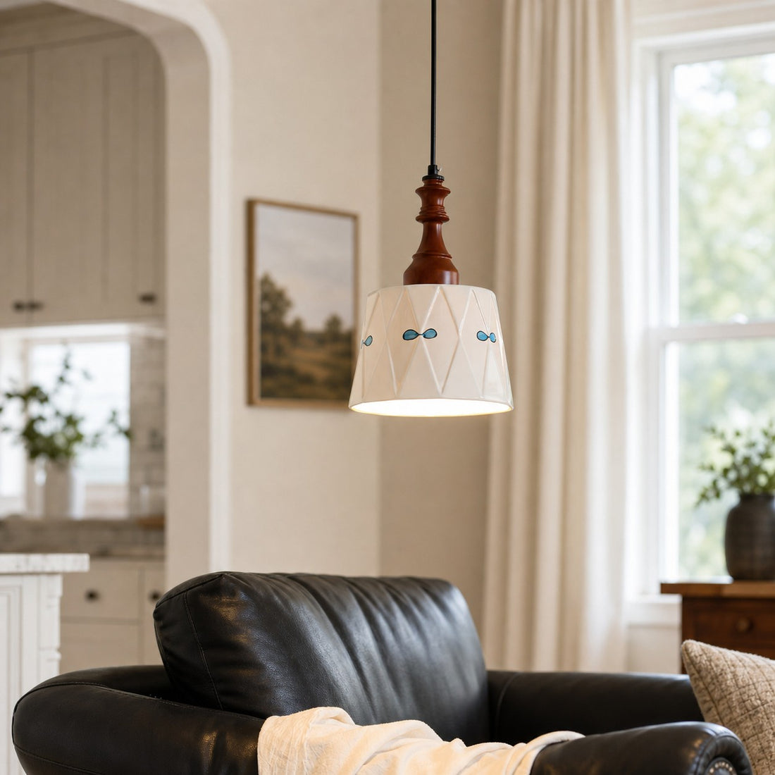 diamond patterned ceramic pendant light in a living room