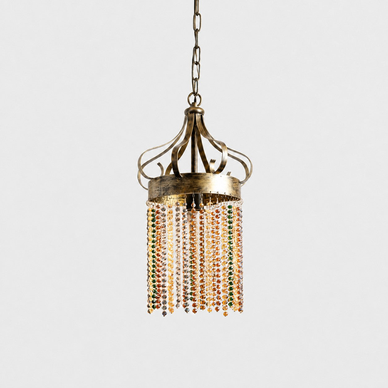 Antique brass pendant light with multicolor crystal bead strands