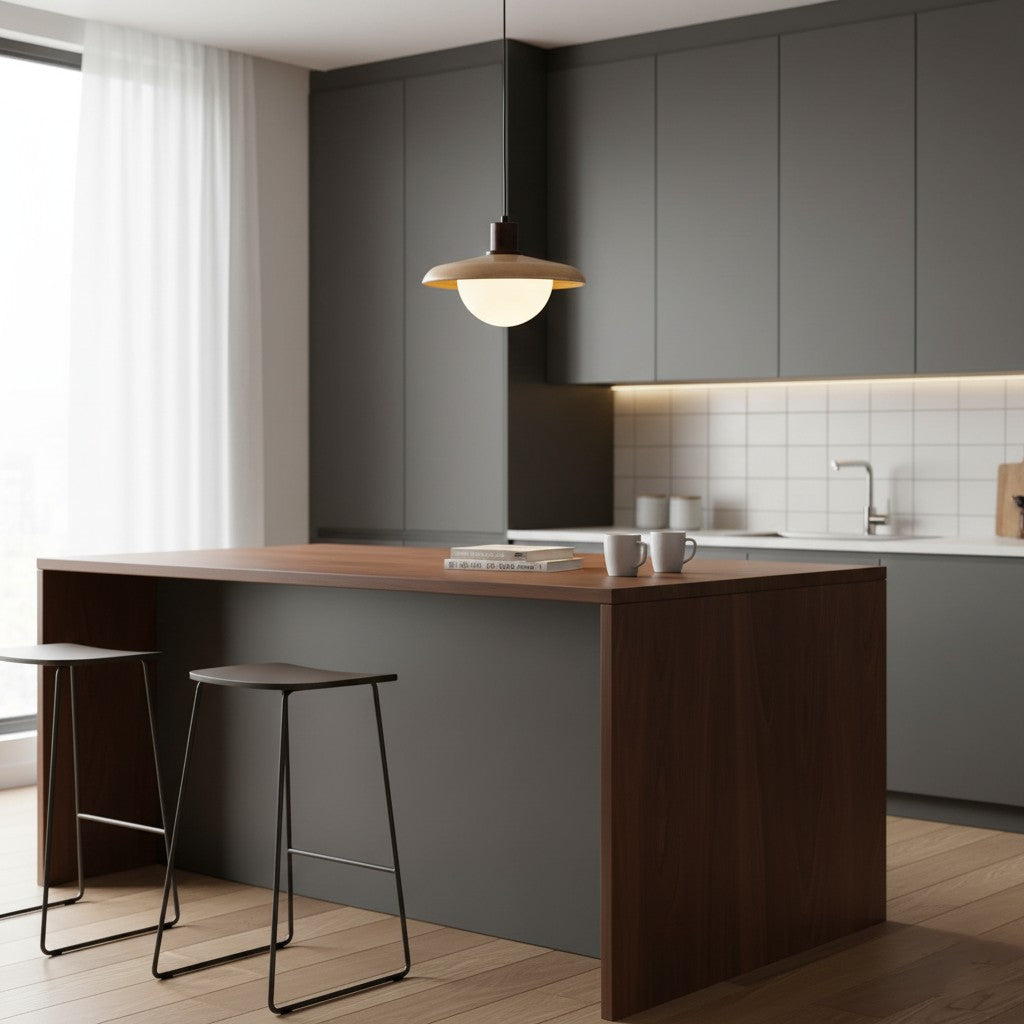 Stecker-Pendelleuchte aus Metall und Glas in Holzoptik