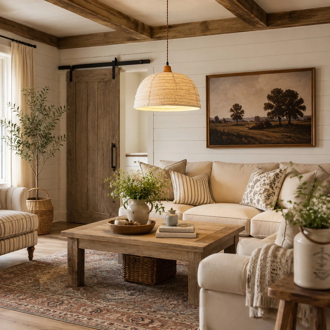 Wabi-sabi hemp pendant light in a warm living room