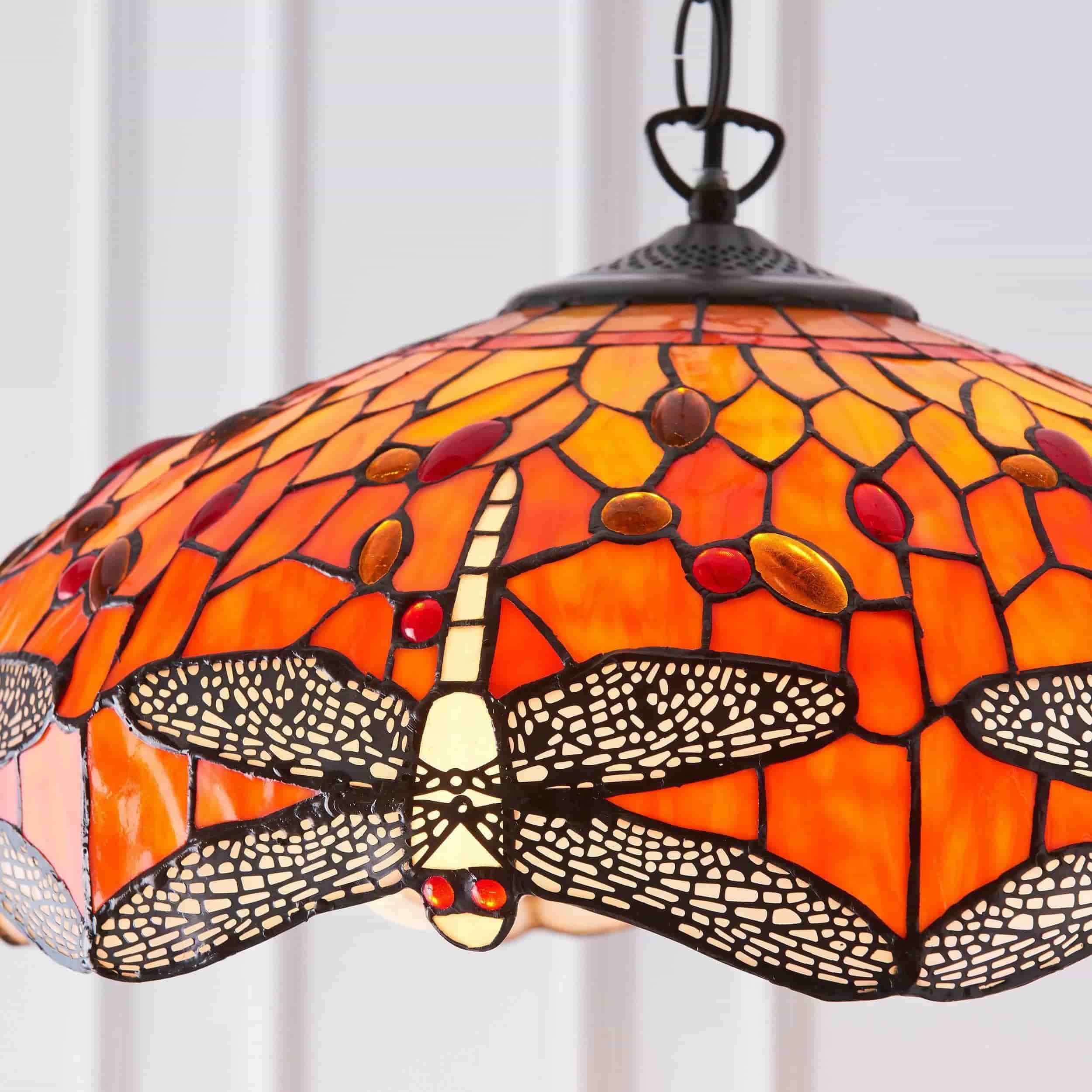 TF Dragonfly Tiffany Pendant Light – Art Nouveau Stained Glass Pendant for Living