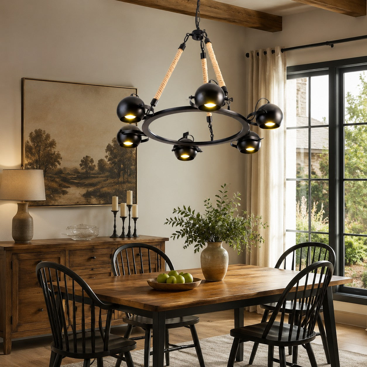 Industrial Rope Chandelier with Adjustable Rounded Heads