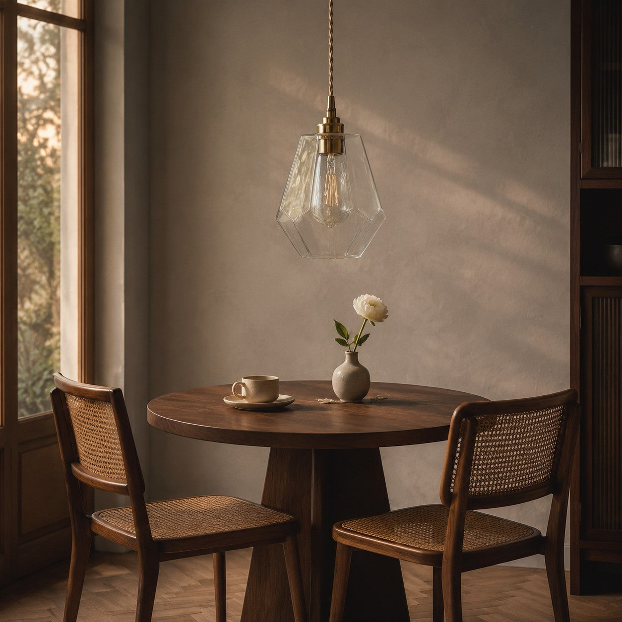 Clear faceted glass pendant light over a small dining table