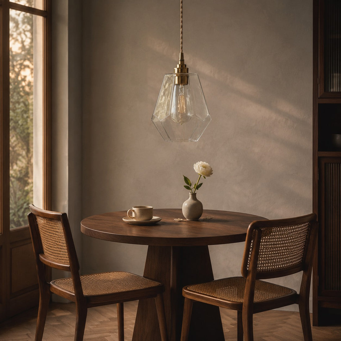 Clear faceted glass pendant light over a small dining table