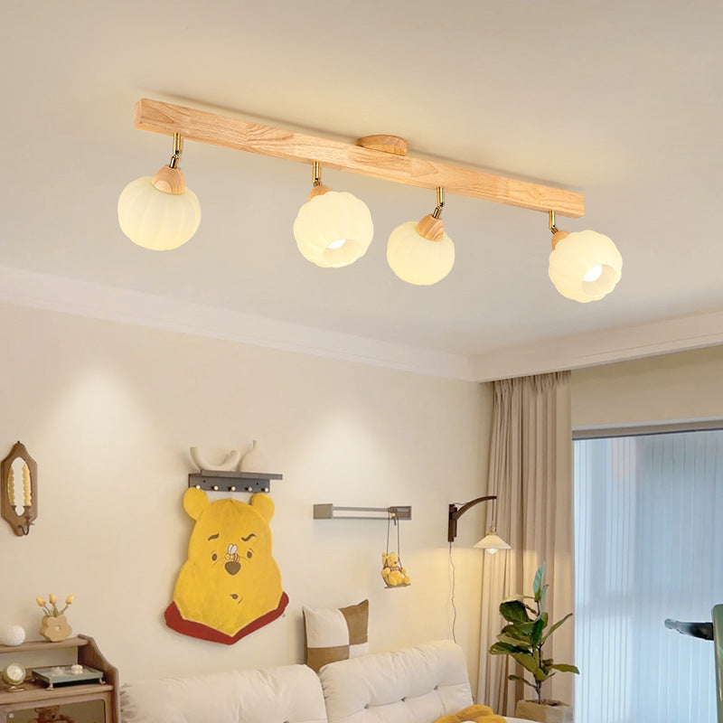Cream Wood Track Light - Modern Ball Ceiling Light for Living Room