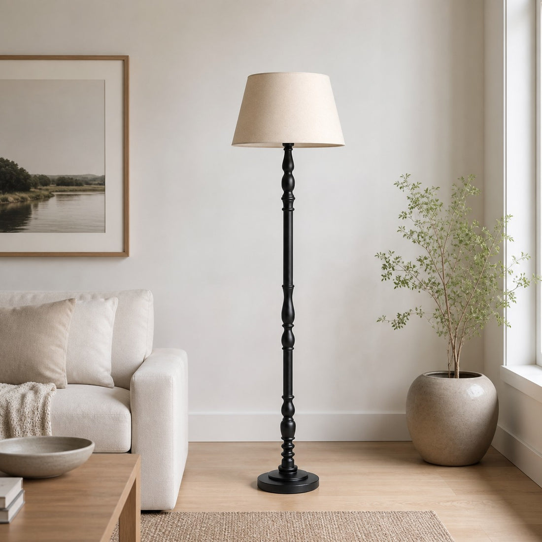 Turned-Wood Floor Lamp with Fabric Shade