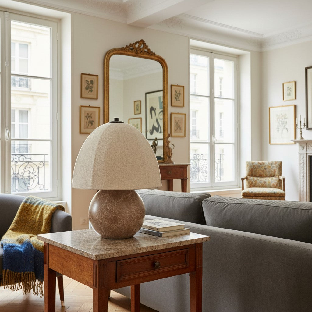 Cordove Table Lamp Sculptural Sphere Base Artistic Table Light - Linen Shade for Bedroom Living Room