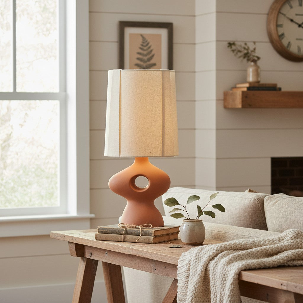 Pryssa Ceramic Table Lamp with Ivory Linen Shade -  Artistic Lighting for Living Room or Bedroom