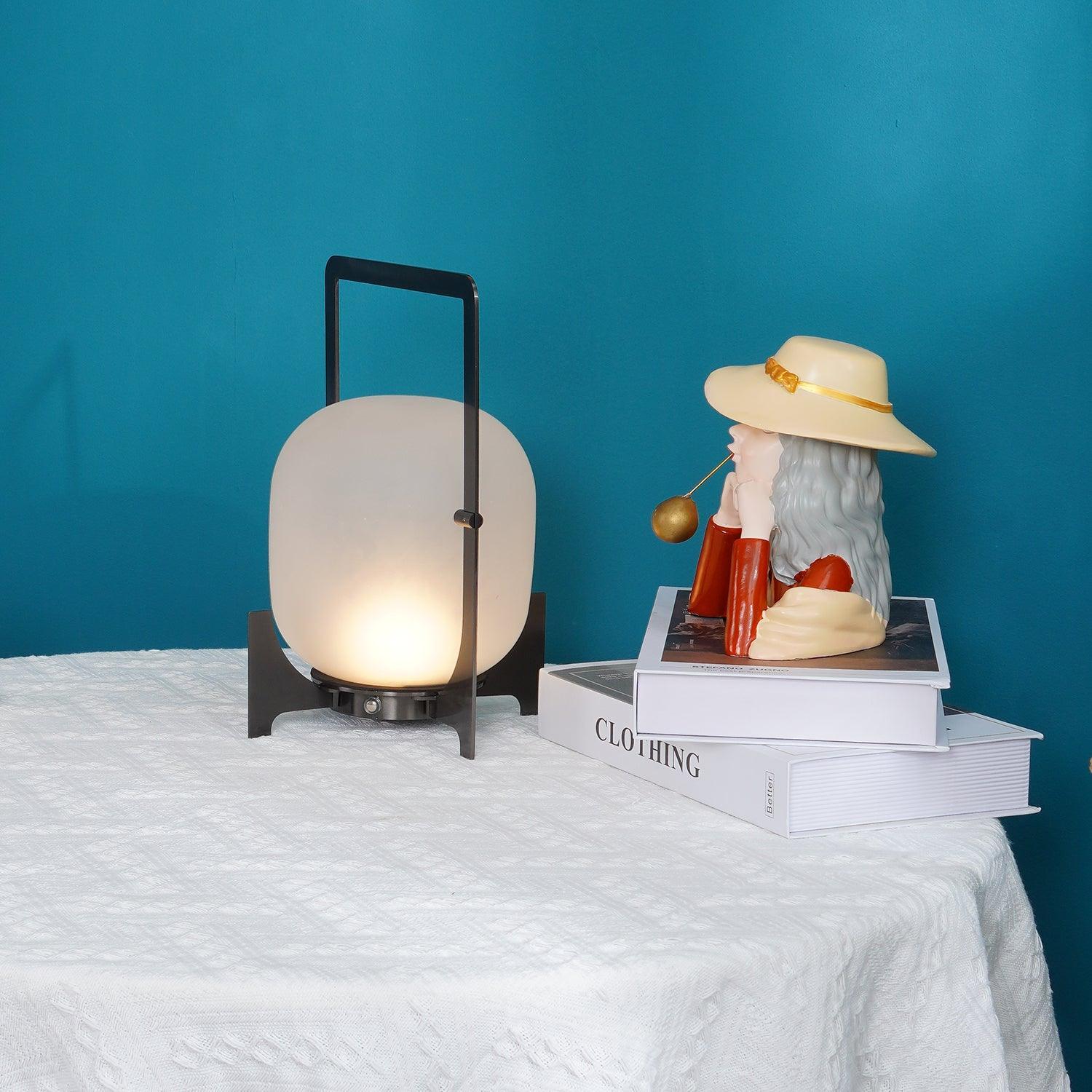 Black Lantern Table Lamp - Outdoor LED Light with Blown Glass Shade