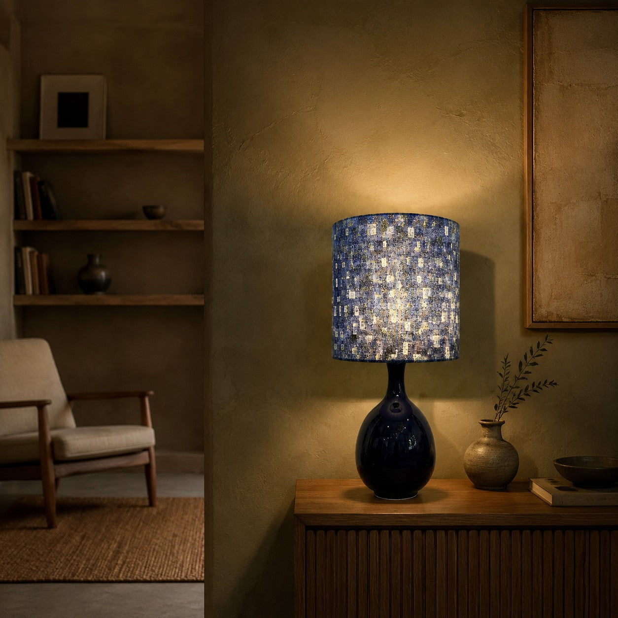 Blue gold patterned fabric table lamp in a living room