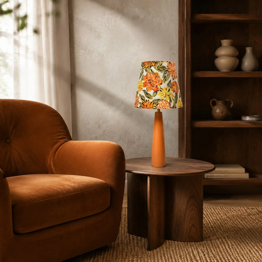 Liberty Fabric Floral Ceramic Table Lamp with Orange Handmade Base