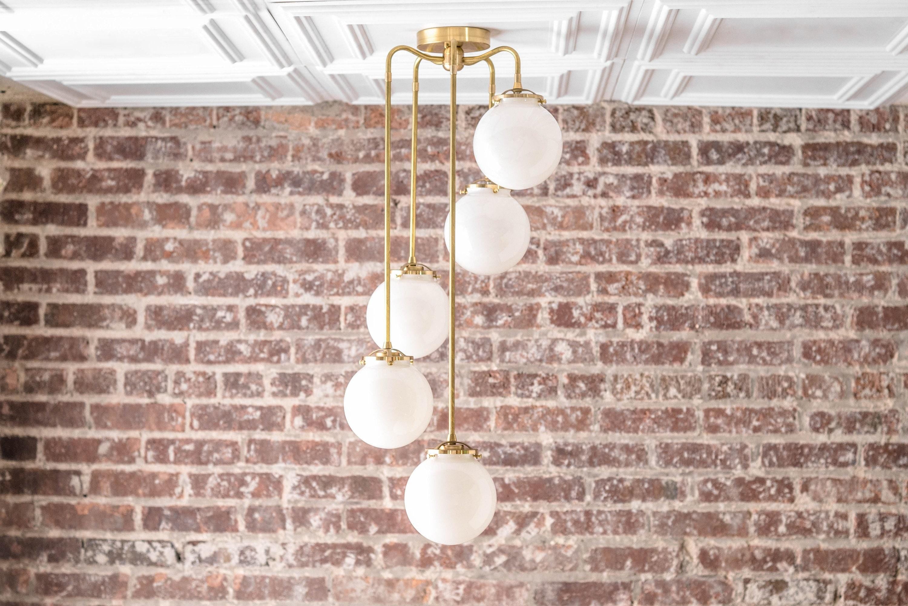 Glorica Glass 5 Globe Chandelier - Brass and Opal Glass Vintage Pendant Light