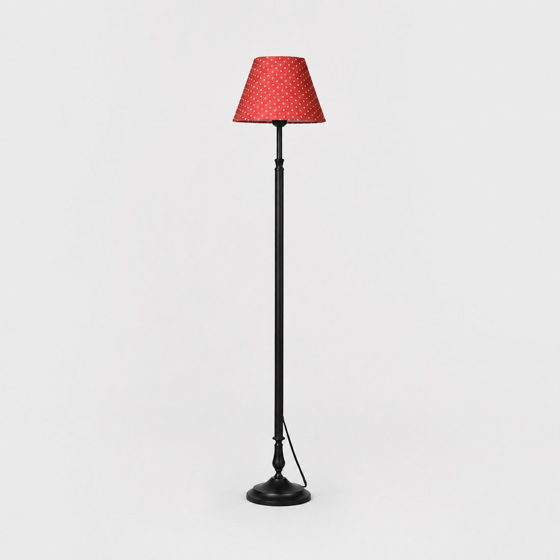Vintage black iron floor lamp with vintage red polka dot shade