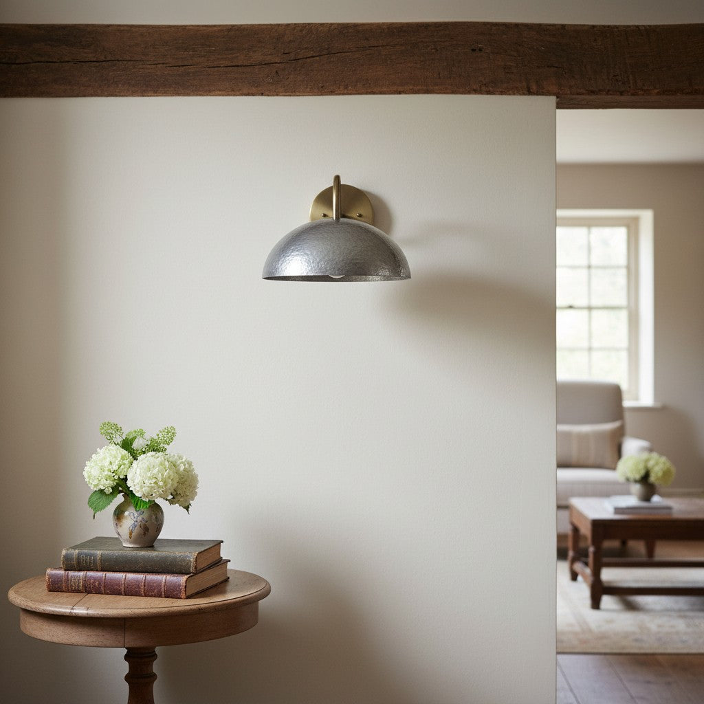 Curva Metal Industrial Wall Sconce - Curved Brass Arm - Hammered Dome Light Fixture