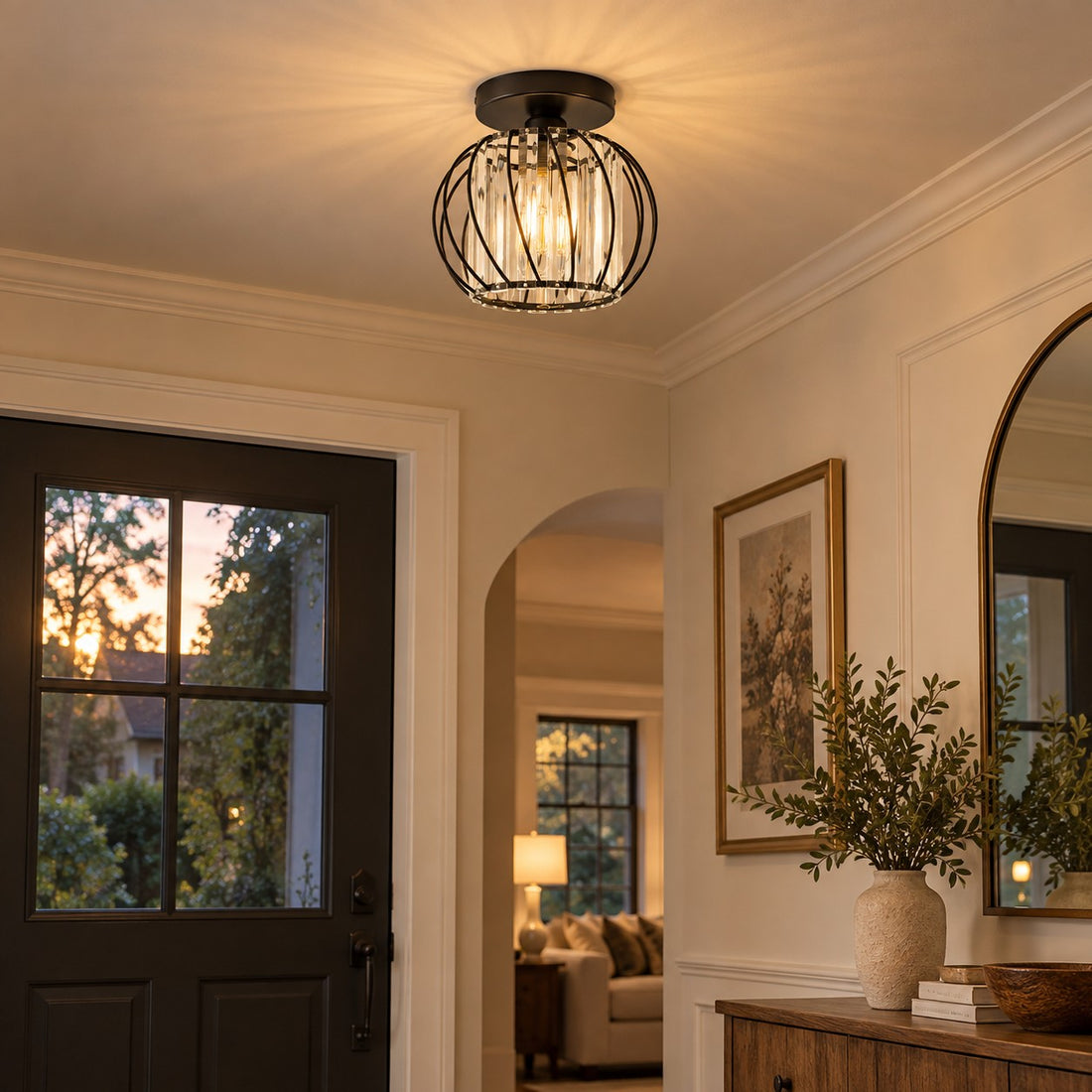 Geometric Cage Semi-Flush Mount Crystal Ceiling Light for Hallway and Entryway