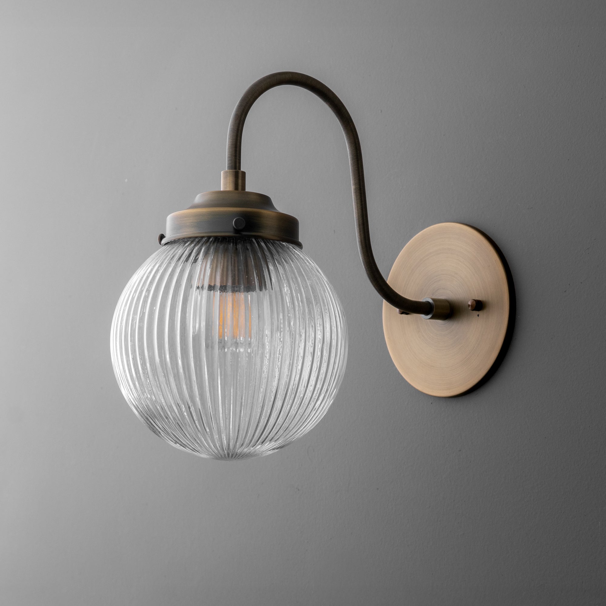Glorica Glass Aged Brass Wall Sconce - Ribbed Glass Shade Industrial Style Lighting