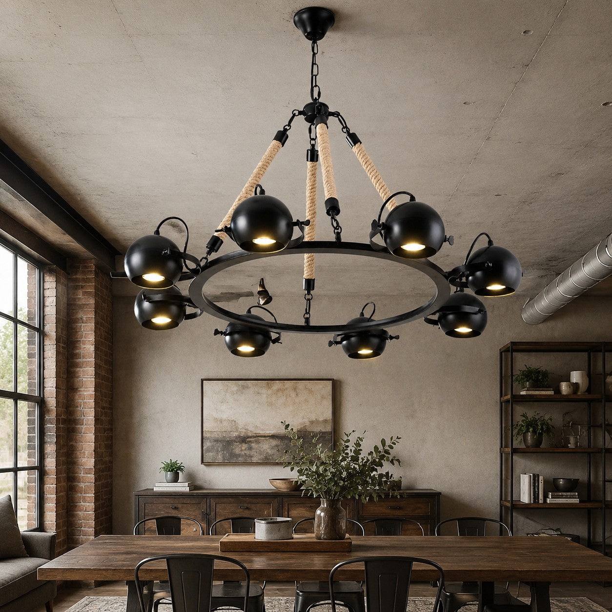 Industrial Rope Chandelier with Adjustable Rounded Heads