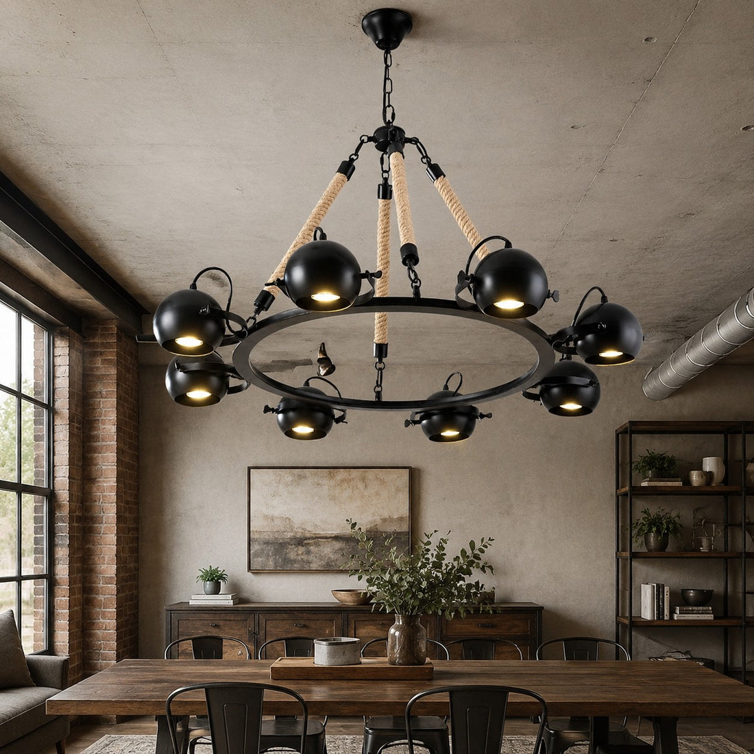 Industrial Rope Chandelier with Adjustable Rounded Heads