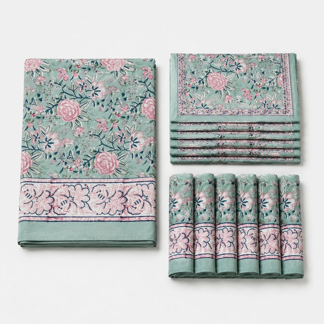 Folded sage green floral cotton linen tablecloth set