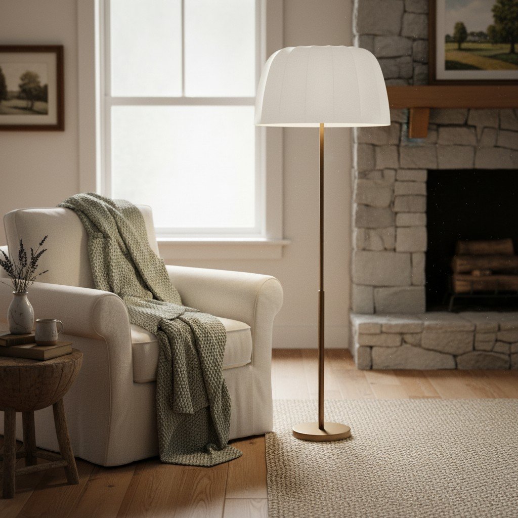Vellaro Brass Floor Lamp with Fabric Shade – Modern Standing Light for Living Room or Bedroom