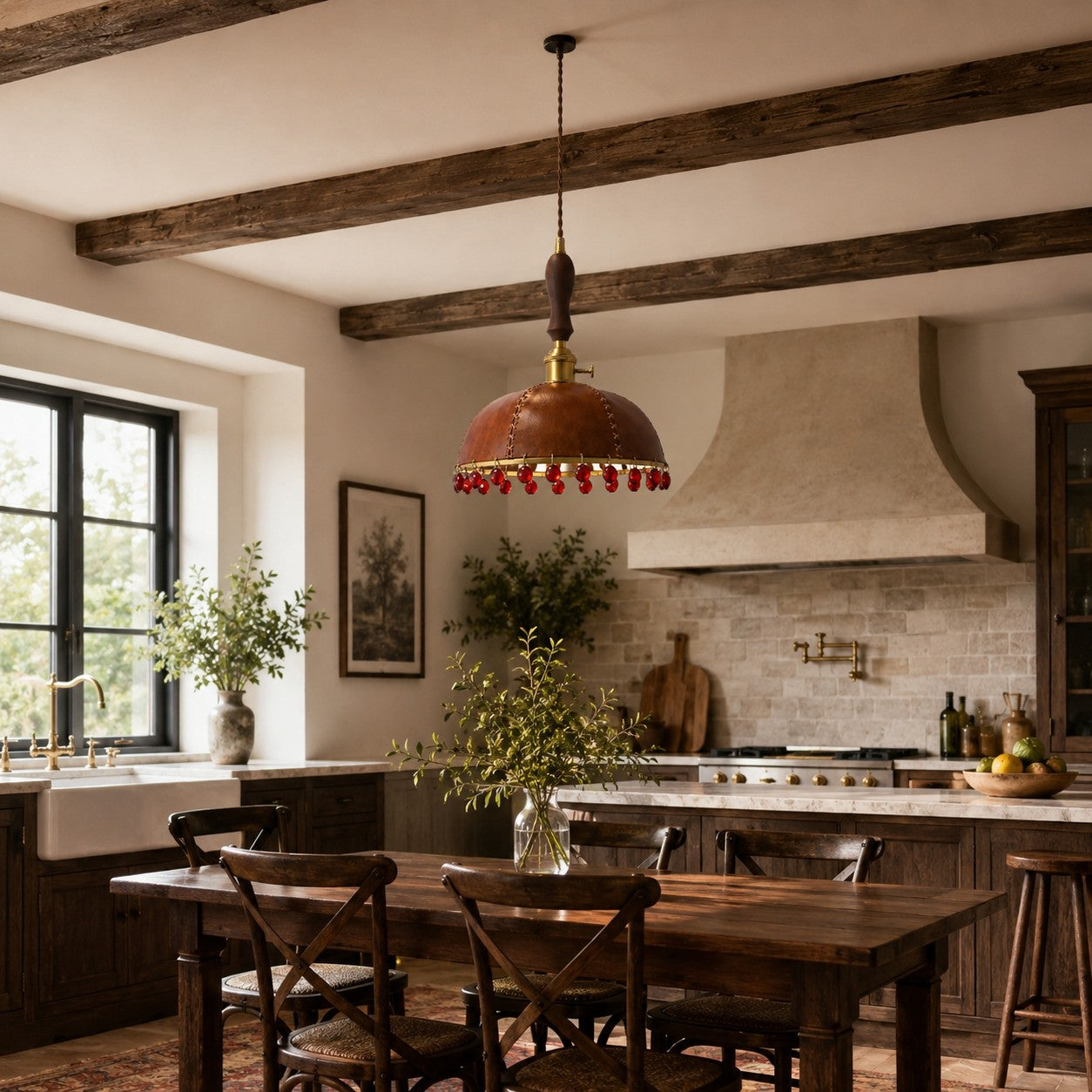 Vintage brown leather pendant in a warm dining room