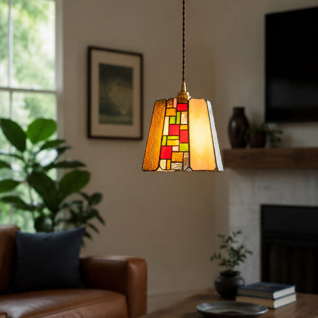 Vintage Rose Stained Glass Pendant Light