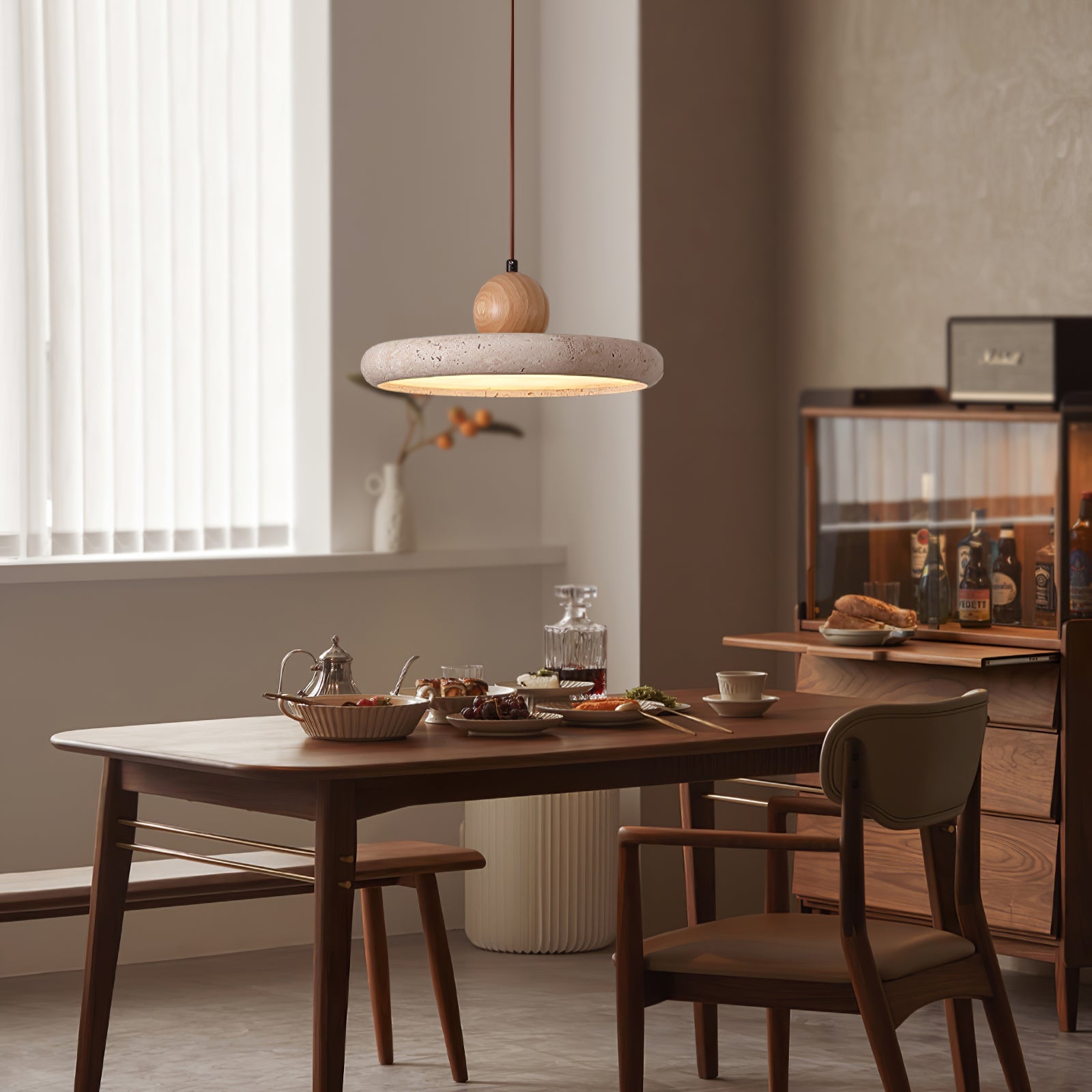 Travertin-Holz-Plug-in-Hängeleuchte