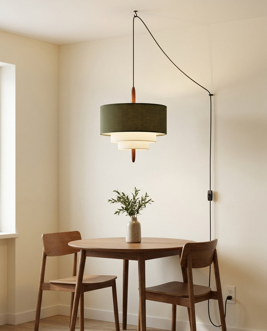 Tiered Fabric Wood Plug-In Swag Pendant