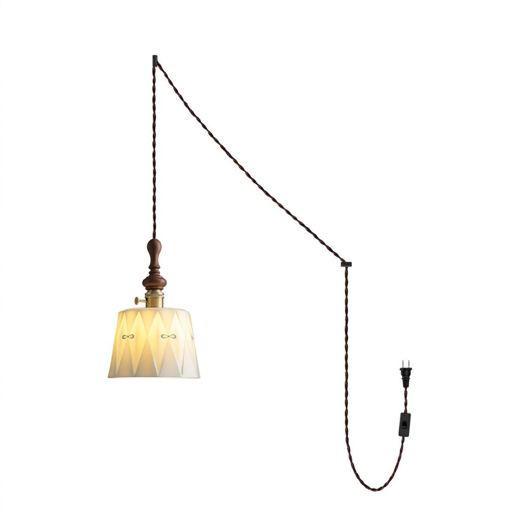 Keramik-Pendelleuchte mit Stecker und Zugkabel und Holzabschluss