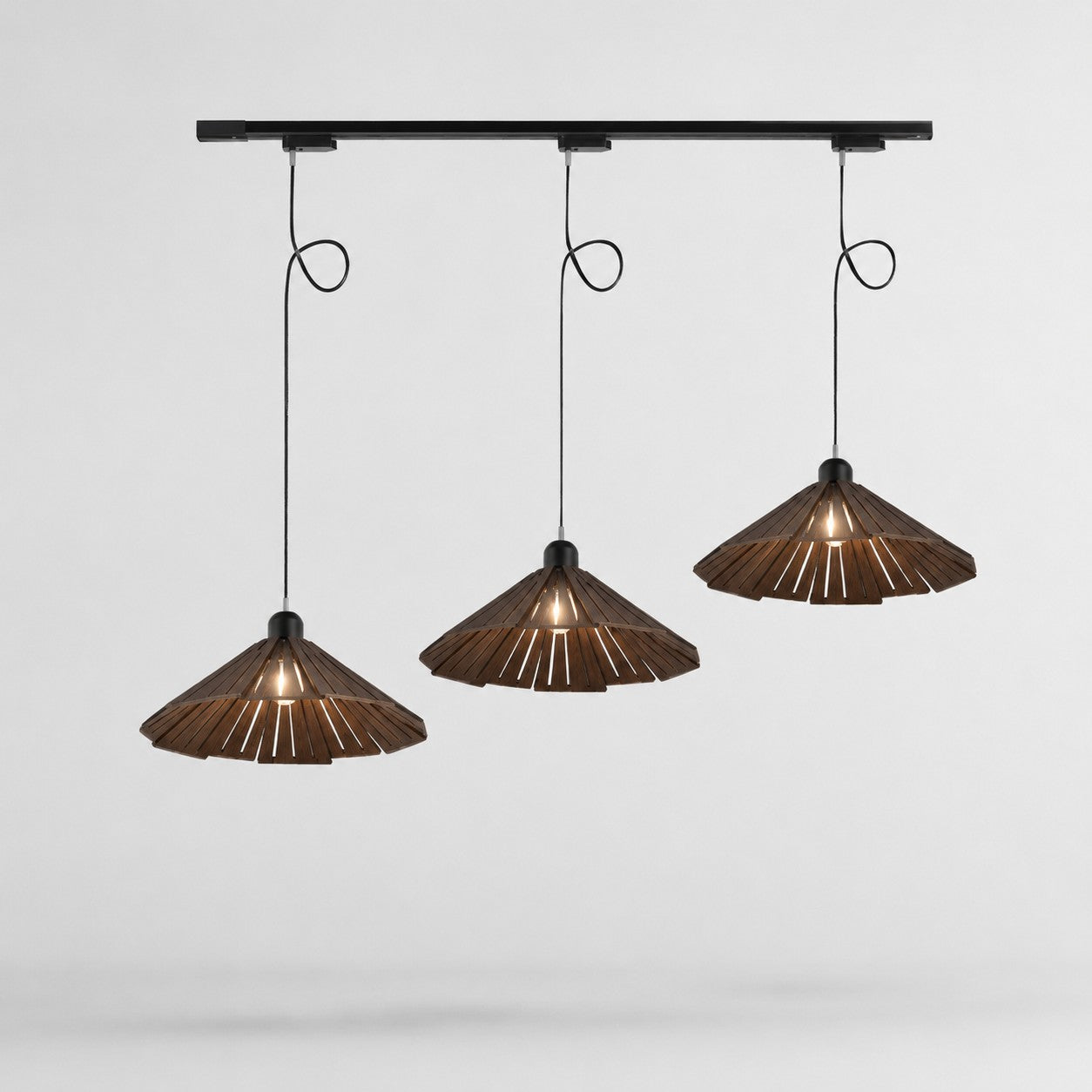 Walnut A three light track wooden pendant light 35cm