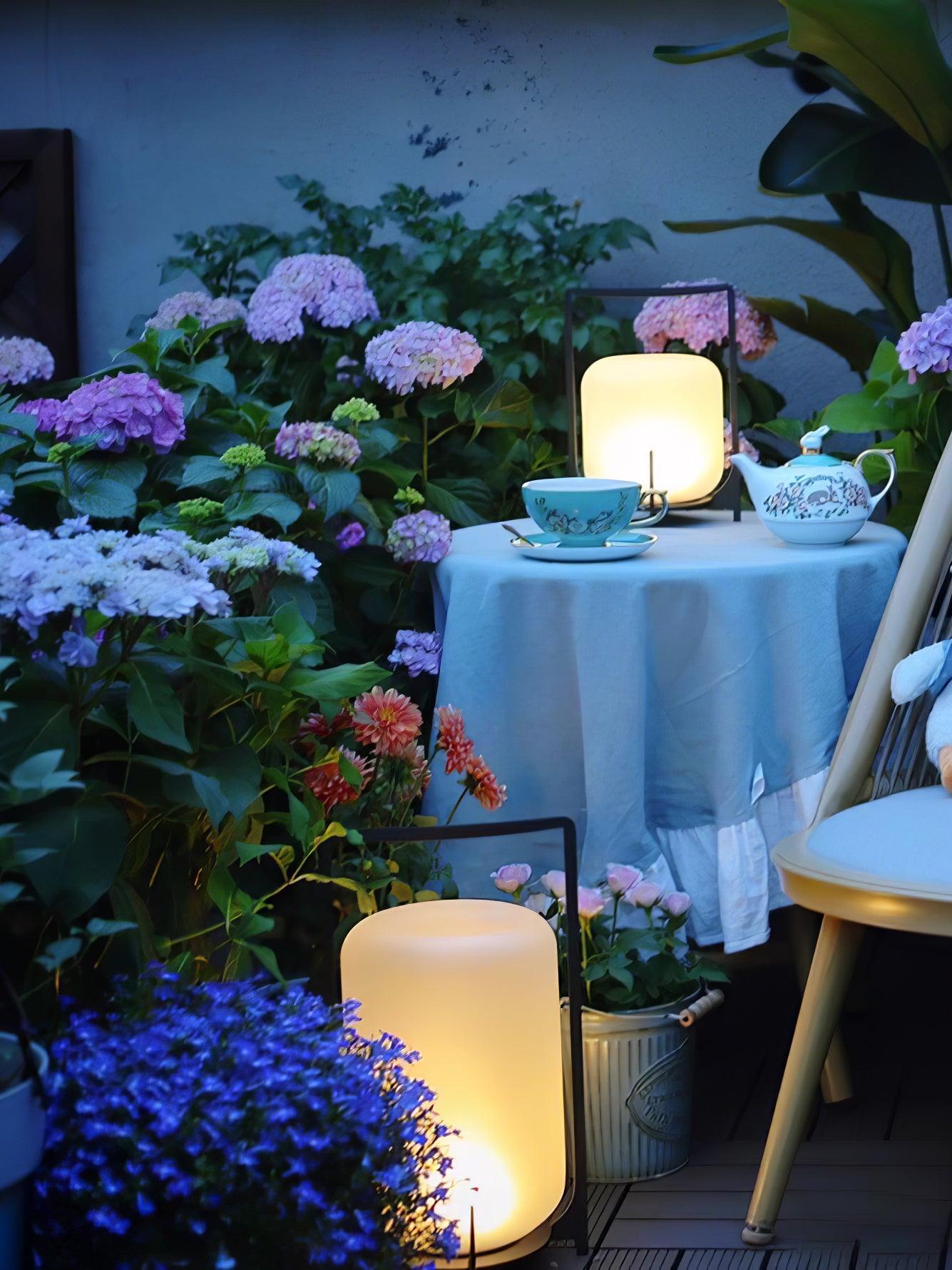 Black Lantern Table Lamp - Outdoor LED Light with Blown Glass Shade