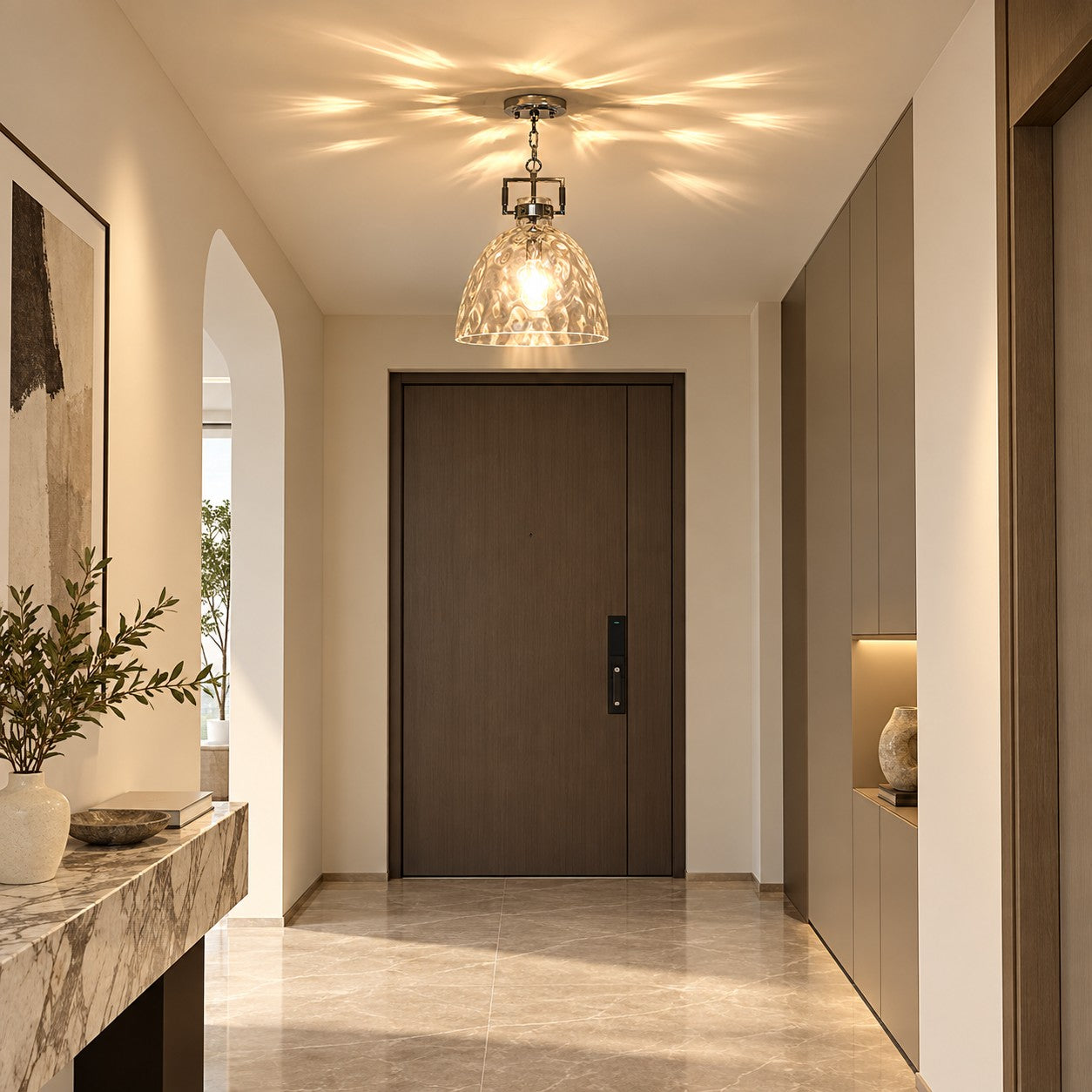 Modern Hammered Glass Pendant Light with Minimalist Metal Design - Suitable for Kitchen Island