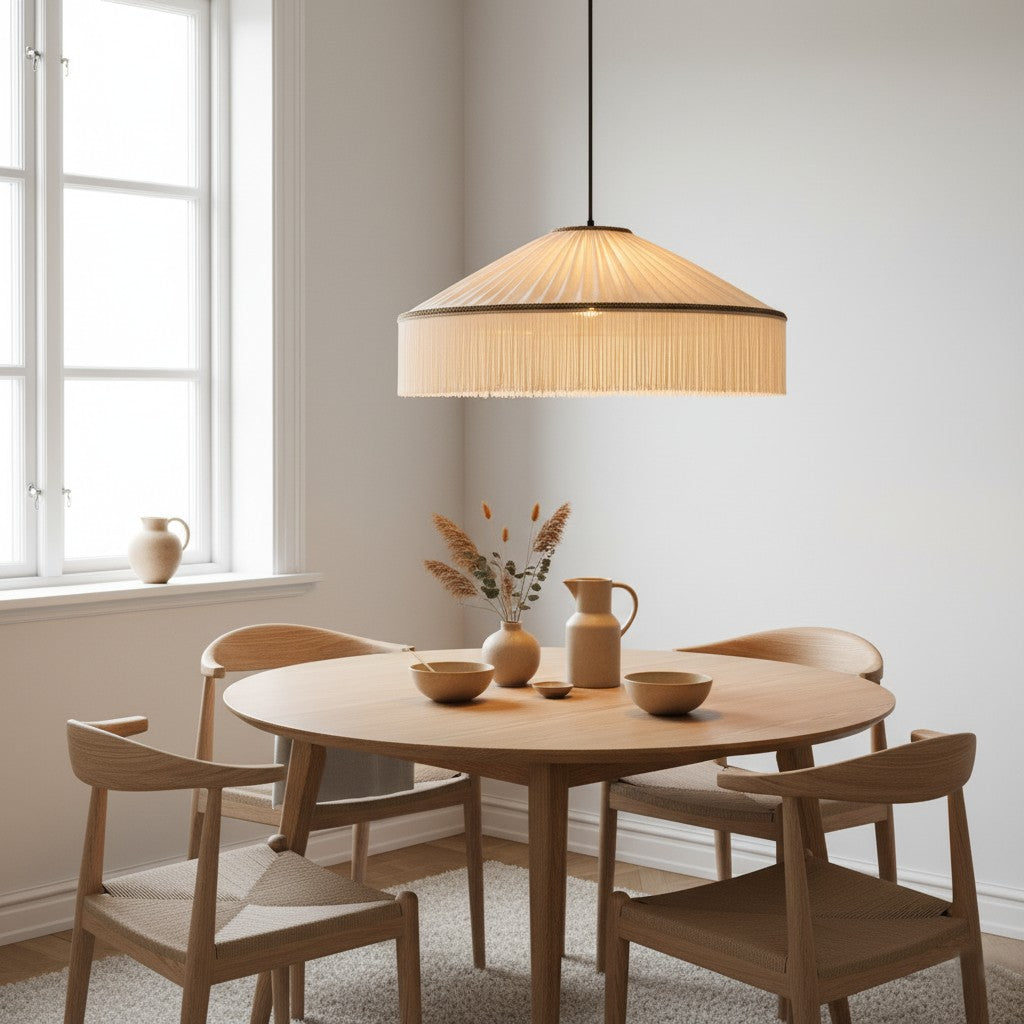 Beige Stecker-Pendelleuchte aus plissiertem Stoff mit Fransen