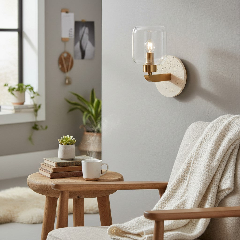 Korlisse Modern Marble Wall Light - Vintage Brass & Clear Glass Accent for Living Room and Hallway