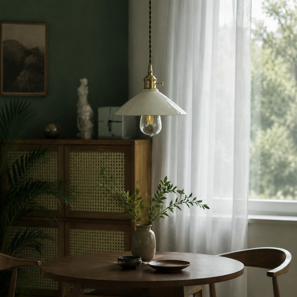 Vintage ceramic pendant light in a quiet tea-room setting