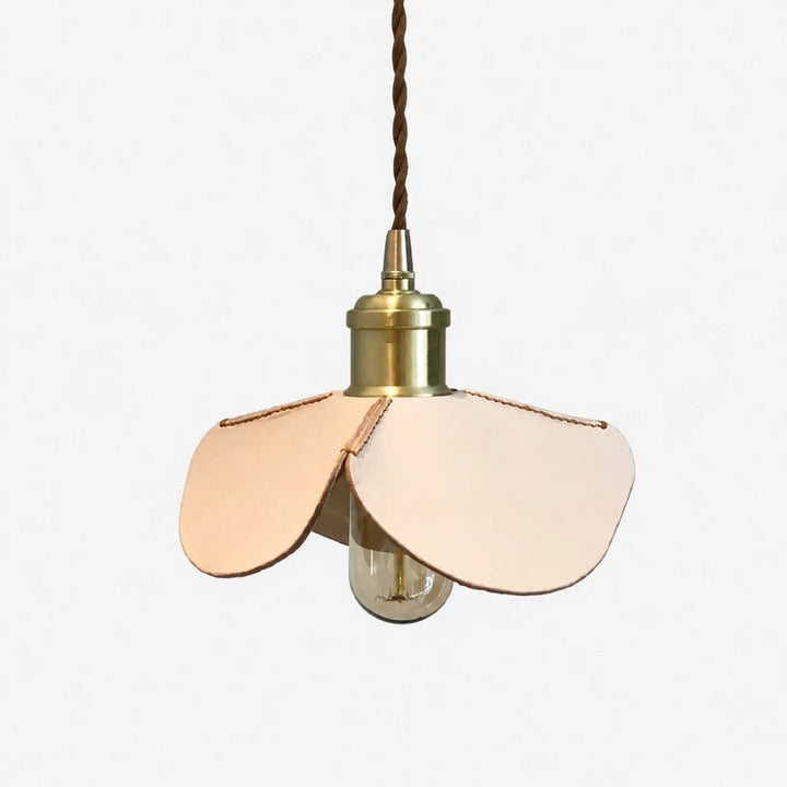 Hand-stitched leather petal pendant light with brass-tone metal hardware