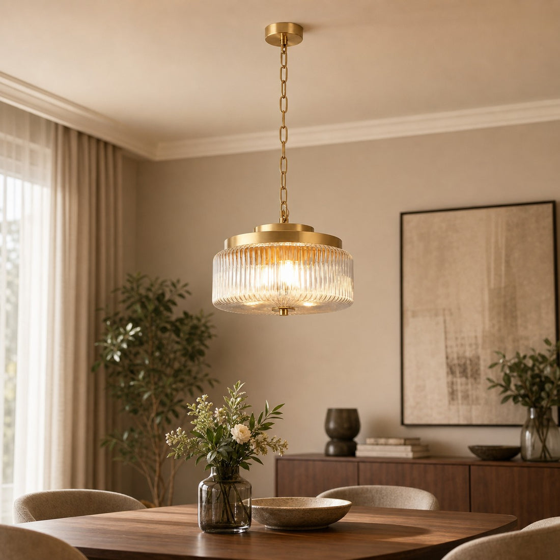 Antique Brass Ribbed Glass Ceiling Light