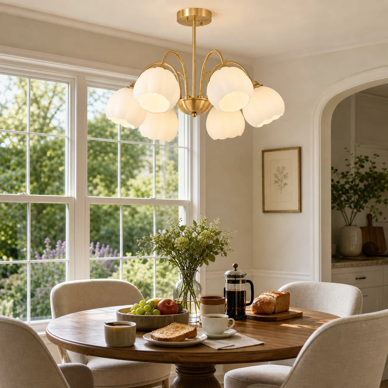 Six-arm chandelier above a breakfast table