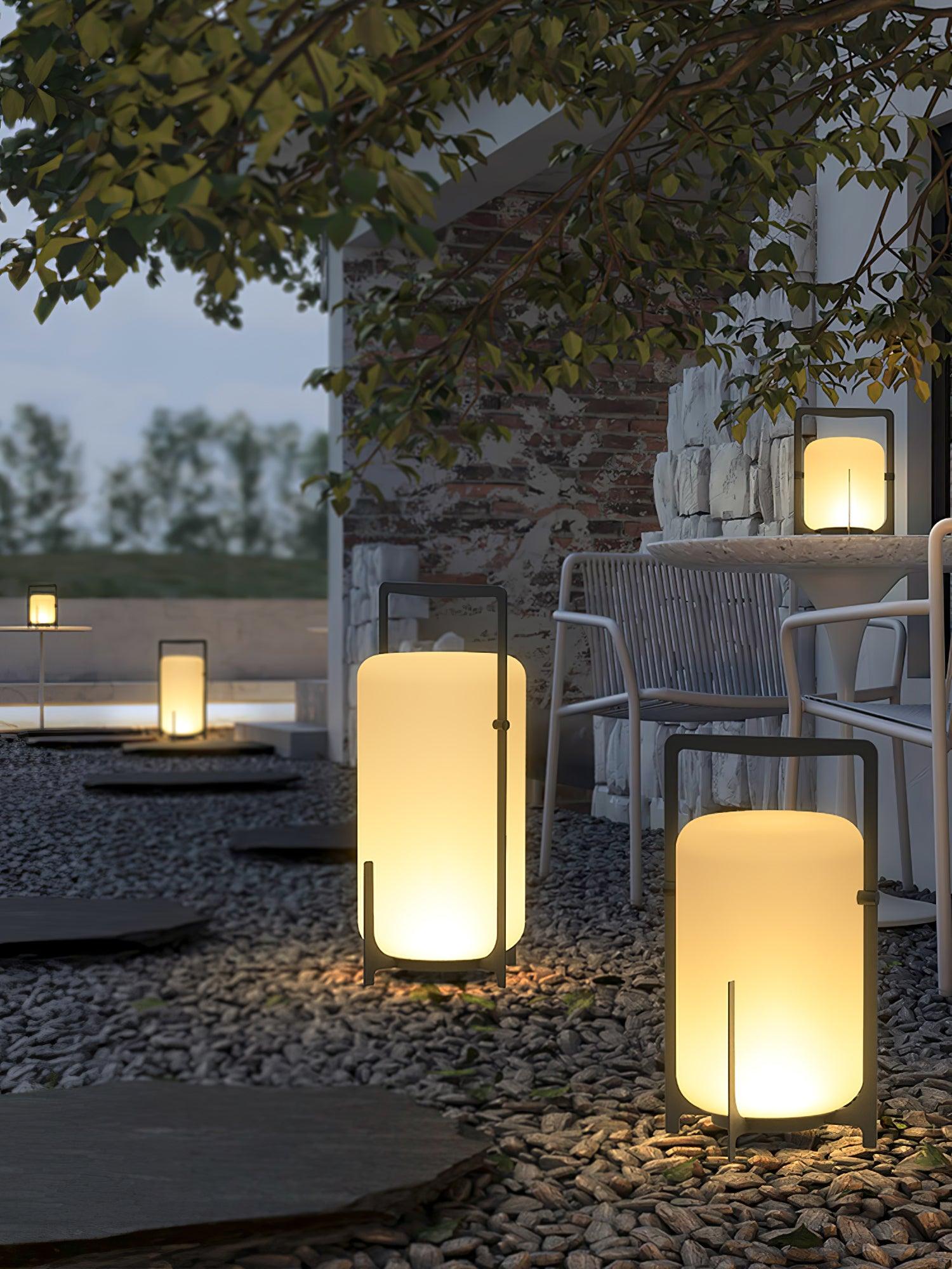 Black Lantern Table Lamp - Outdoor LED Light with Blown Glass Shade